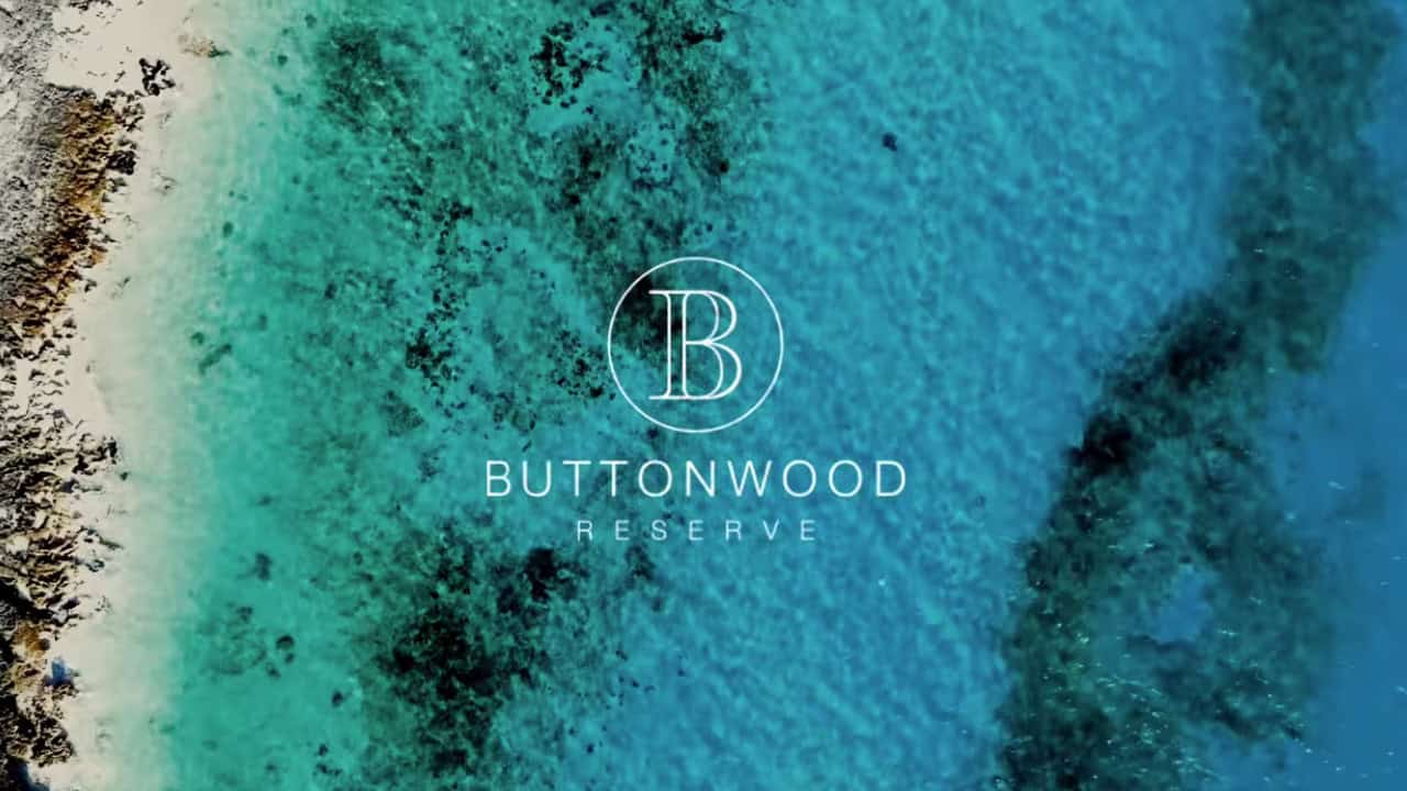 Aerial view of clear turquoise water and sandy shoreline with a centered logo reading 'Buttonwood Reserve' over the sea surface.